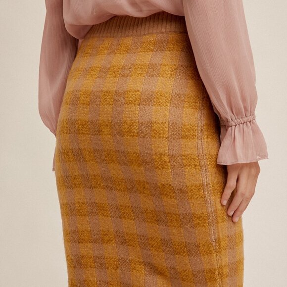 HEM & THREAD Mustard & Taupe Plaid Knit Pencil Skirt, Cozy Checkered Boutique - Picture 3 of 5